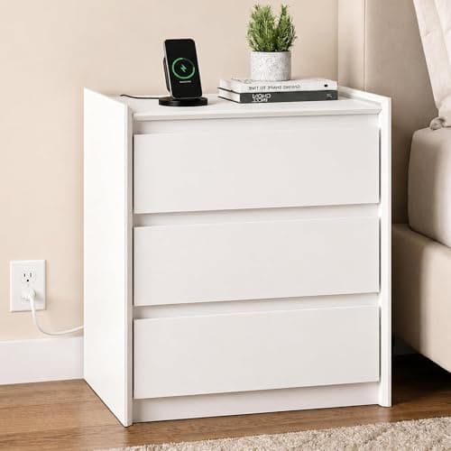 FurniXpress 24" Tall Nightstand with Charging Station Including USB-C, Modern Bedside Table and Sofa End Table - White, 3 Drawers, 1-Pack - Image 1