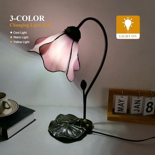 VirtueKing Tiffany Table Lamp Pink Lotus Stained Glass Lamp 8" Wide 14" Tall Bedside Table Light Desk Lamps Vintage Reading Lamp with Color Changing LED Bulb thumbnail 2
