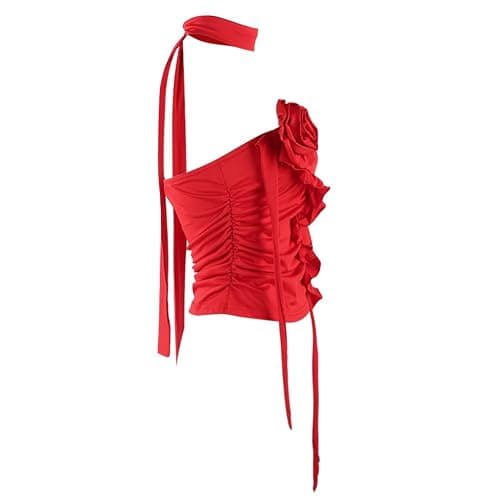 SIQITECHNO Womens Sexy 3D Flower Rosette Asymmetrical Hem Ruffled Tube Top Backless Pleated Bandeau Tank Top Crop Halter Tops thumbnail 5