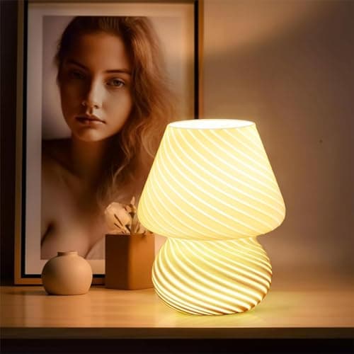 Clora Mushroom Lamp Glass Table Bedside Lamps Translucent Vintage Style Striped Night Light Home Decor (White) thumbnail 3