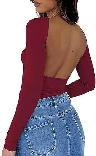 ForeFair Women Sexy Backless Short Sleeve Slim Fit Crewneck Summer Casual Y2K Crop Tee - Image 1