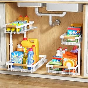 PXRACK 2 Pack Under Sink Organizer,Adjustable Height,2 Tier Pull Out Under Cabinet Organizer,Slide Out Thickened Metal Under Sink Storage for Kitchen Bathroom Laundry Cabinet Pantry,White thumbnail 8