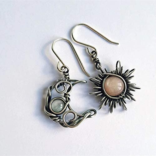 Boho Opal Sun and Moon Drop Dangle Earrings Moonstone Natural Stone Hook Bohemian for Women Asymmetrical Antiqued Silver Celestial Jewelry thumbnail 2