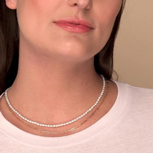 Pearl Necklace for Women and Girls, Handmade 14” Choker with Tiny White Freshwater Pearls, Silver Clasp, and 3” Adjustable Chain, Cute Trendy Layered Necklaces thumbnail 6