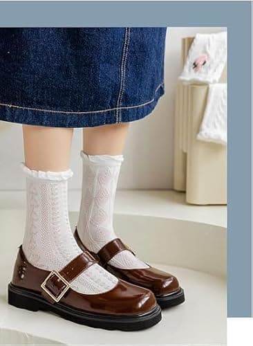Flixxo 5 Pair Cute Women's Cottagecore Lace Ruffle Ankle Socks - Cable Knit Cotton Coquette Aesthetic Socks thumbnail 4
