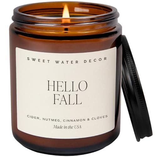 Sweet Water Decor Hello Fall Soy Candle - Hot Cider, Cinnamon, Cloves, Apple, and Nutmeg Fall Scented Candles for Home - 9oz Amber Jar + Black Lid, 40+ Hour Burn Time, Made in the USA - Image 1