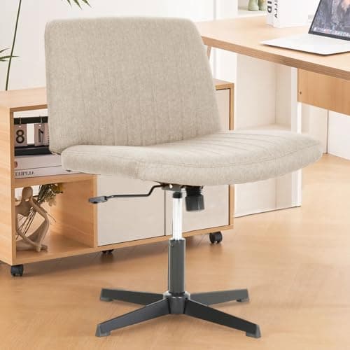 Criss Cross Chair, Cross Legged Office Chair Armless Vanity Chair with Back, Wide Desk Chair with No Wheels Swivel Height Adjustable, Fabric Comfy Computer Chair for Home Vanity Desk Office, Beige - Image 1