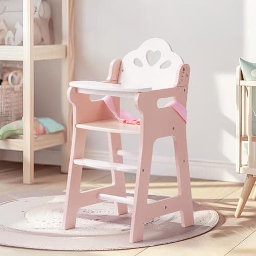 ROBOTIME High Chair for Pretend Play, Wooden Baby Doll Furniture with Safety Belt and Footrest, Fits 18 Inch Dolls, Gift for Ages 3+, White/Pink thumbnail 8