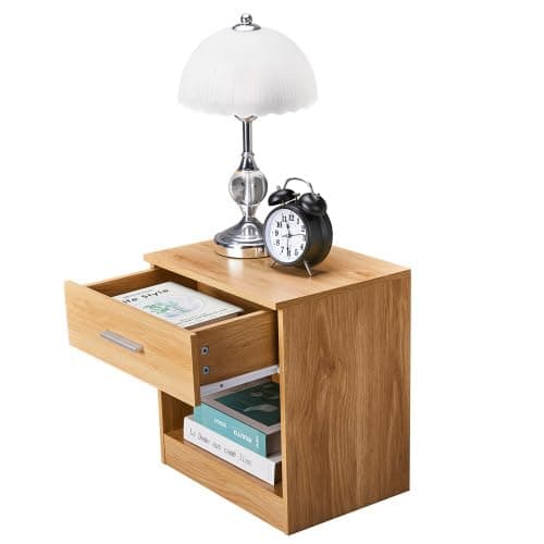 Karl home Bedside Table for Bedroom, Modern Natural End Table with 1 Drawer & Shelf, Wood Nightstand for Bedroom, End Table for Living Room near Sofa, Side Table, Metal Handle thumbnail 8