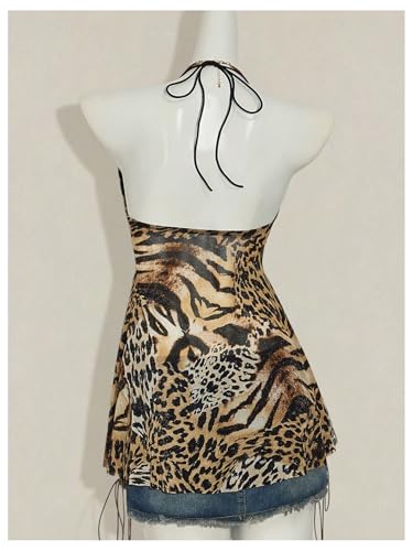 BEAUDRM Women's Leopard Halter Top Y2k Vintage Cheetah Flowy Tie Backless Asymmetrical Tops Party Club Going Out Outfits Multicolor Medium thumbnail 2