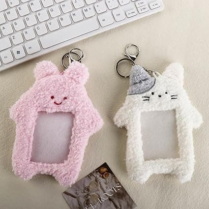 2Pcs Cute Plush Photocard Holder with Keychain, Cartoon Rabbit Cat Photo Sleeve Cartoon Plush Photo Sleeve Protective Case Photo Albums, Frames Accessories (Pink+White) thumbnail 6
