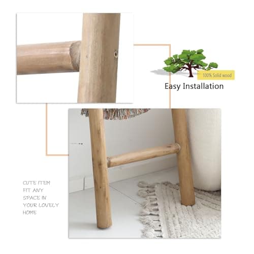 FUIN 57in Wood Blanket Ladder Living Room Decorative Wall Leaning Farmhouse Quilt Display Holder Rustic Wooden Towel Rack for Bathroom, Brown thumbnail 4