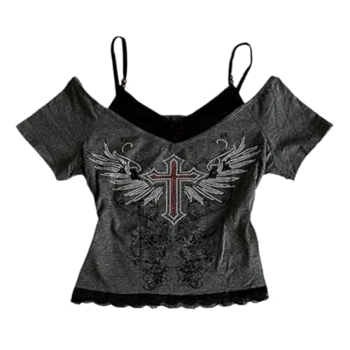 Emo Grunge Shirts Women 2000s Graphic Baby Tees Fake Two Piece Short Sleeve Vintage Y2k Crop Top Goth Alt Clothes - Grey Red - Large