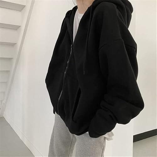 Pooyikoi Women Harajuku Zip Up Hoodie Vintage Long Sleeve Oversized Solid Color Hoodies Korean Pocket Drawstring Sweatshirts thumbnail 5