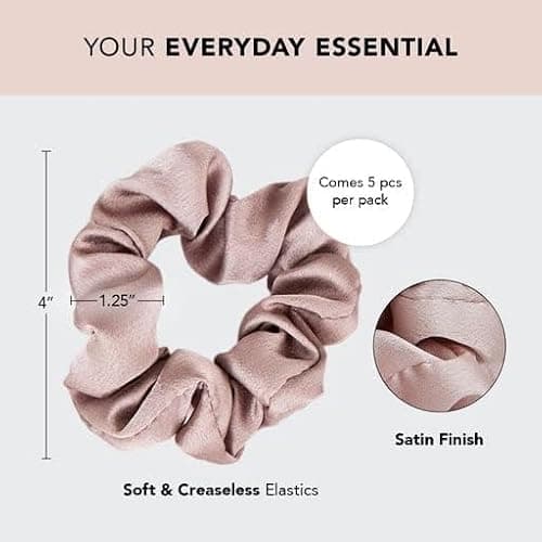Kitsch Satin Scrunchies for Women - No Crease Hair Ties for Girls | Scrunchies For All Hair Types and Textures, Perfect for Day or Night - 5 Pcs, Cameo - Cameo thumbnail 2