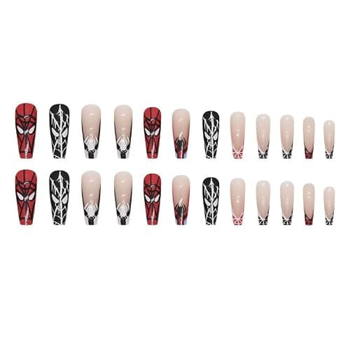 VEBONNY Long Ballet Nail Halloween SpiderMan Sweet Cool,Red and Black Cobwebs French Tips Press on Nail,Nude Pink Coffin Shaped Acrylic Stick on Fake Nails VEBONNY LT194 thumbnail 4