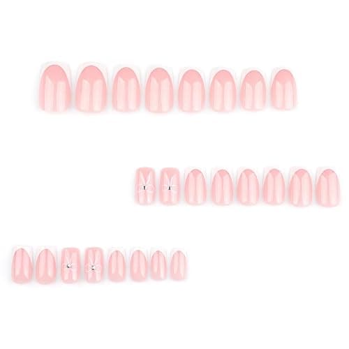 Foccna French Press on Nails White Square Acrylic Fake Nails Full Cover False Nails Pink Glossy Artificial Stick on Nails for Women Reusable Fake Nails Kit 24Pcs thumbnail 2