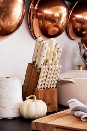 MARTHA STEWART Eastwalk 14 Piece High Carbon Stainless Steel Cutlery Kitchen Knife Block Set w/ABS Triple Riveted Forged Handle Acacia Wood Block - Linen White thumbnail 2