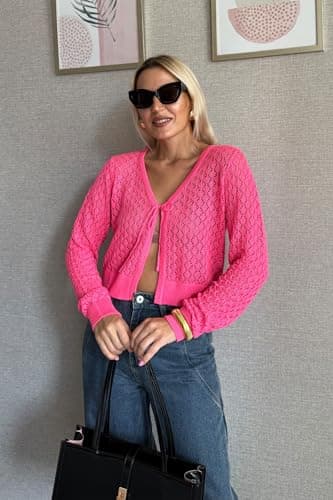 SimpleFun Going Out Cardigan Short Open Knit Long Sleeve Crochet Shrug Sweater Country Cardigan Hot Pink,L thumbnail 4
