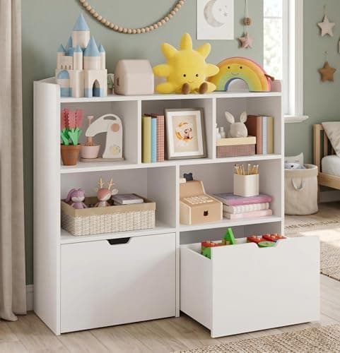 Garvee Toy Storage Organizer with Movable Drawers, Kids Bookshelf with Hidden Wheels & Open Cubbies, Multifunctional Floor Storage Chest for Playroom, White - Image 1