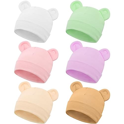 Toulite 6 Pcs Preemie Hats Cotton Preemie Beanies Baby Caps Cute Beanie Bear Ears Hospital Cap for Premature Baby Boys Girls(Light Colors,Solid Style) - Image 1