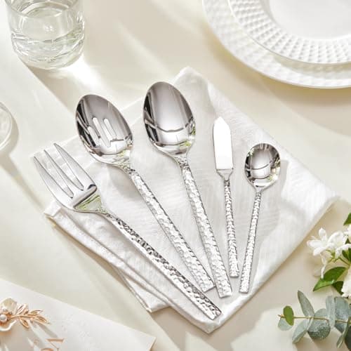 KINGSTONE 65 Piece Hammered Silverware Set with Serving Utensils, 18/10 Stainless Steel Flatware Set for 8, Cutlery Set for Home, Party, Wedding, Mirror Polished Dishwasher Safe thumbnail 3