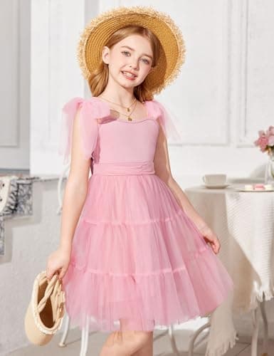 Arshiner Girls Dresses Summer Sleeveless Bow-Tie Straps Formal Fancy Party Birthday Tulle Dress Light Pink Tween 10-11 Years thumbnail 8