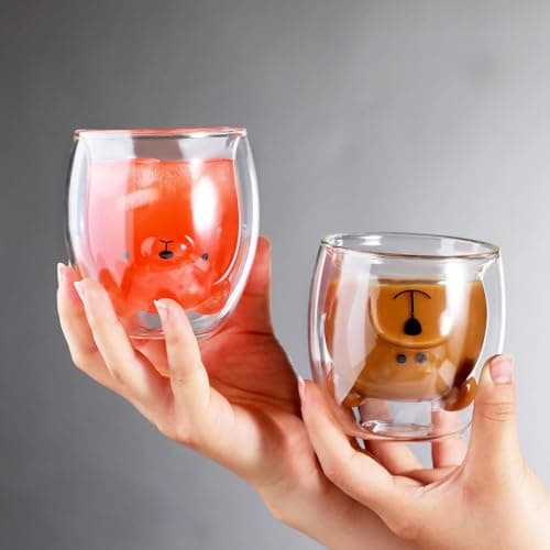 Binoster Bear Cute Mugs Kawaii Double Wall Glass Coffee Tea Mill Yogurt Cup Funny Novelty Gift for Women Her Friends Office Birthday Christmas thumbnail 2