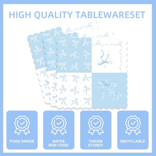 171Pcs Blue Bow Birthday Party Supplies Blue Bow Plates,Banner,Tabelcloth,Cups,Knives,Spoons,Forks,Baby Shower Girls Bow Party Decorations thumbnail 4