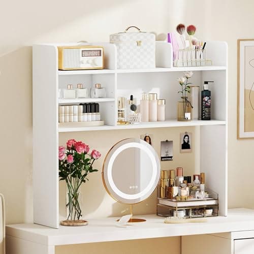 Tangkula Desktop Bookshelf for Computer Up to 32”, 37” Countertop Storage Hutch with 6 Storage Shelves, 3-Tier Desktop Organizer Display Rack, Wooden Desk Hutch for Dorm Home Office (White) thumbnail 5