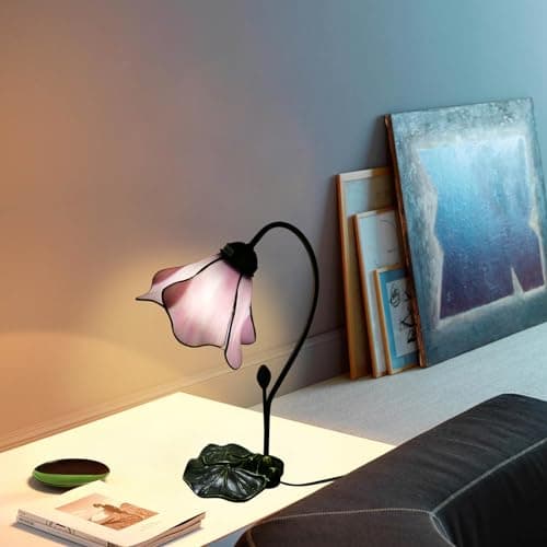 VirtueKing Tiffany Table Lamp Pink Lotus Stained Glass Lamp 8" Wide 14" Tall Bedside Table Light Desk Lamps Vintage Reading Lamp with Color Changing LED Bulb thumbnail 8