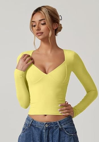 QINSEN Women's Long Sleeve V Neck T Shirts Double Lined Crop Top Seamed Cup Going Out Tops thumbnail 5
