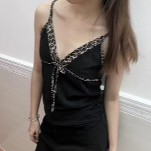 Emo Coquette Cropped Top Grunge 2000s Spaghetti Strap Tops Streetwear Vintage Camisole Y2k Cheetah Tops thumbnail 3