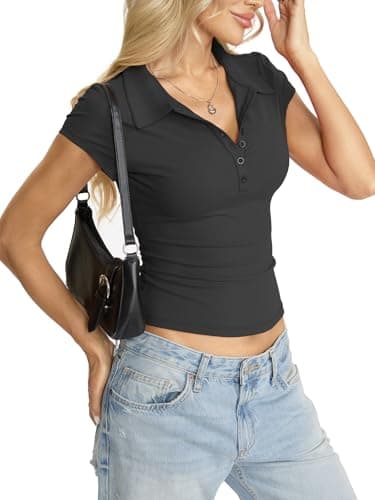 Eachyes Womens Polo Short Sleeve Shirts Golf Collared Summer Tops Tight Business Casual Outfits Sexy V Neck Tee Cap Sleeve Button Down T Shirts Work Going Out Clothes 2026 Black Medium thumbnail 3