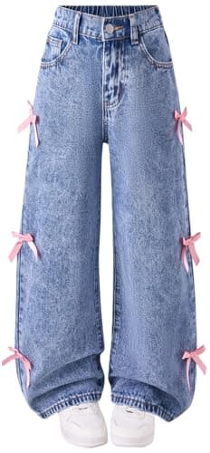 Civpe Girls Baggy Wide Leg High Waist Jeans with Bow Kids Denim Pants for Girls 7–14 Trendy Y2K Casual School Jeans Medium Blue - Image 1