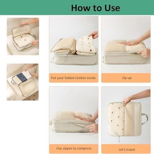 Lanmalaterra 8pcs Compression Packing Cubes Travel Packing Cubes Packing Organisers Storage Bags Clothing Sorting Packages Travel Acessories Essentials Expandable uggage-Beige thumbnail 5