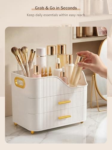 Booklov Countertop Makeup Organizer with Drawers, 3 Tier Large Cosmetic Storage Box for Vanity, Bathroom Counter, Dresser, Skincare Display Case for Lipsticks, Beauty Palettes, Teen Girl Gifts, White thumbnail 7