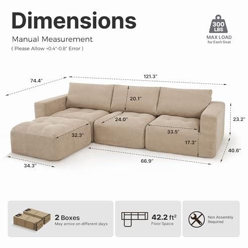MCombo 121" Oversized Boneless Sofa with Ottoman, Extra Deep Cloud Couch Modular Sectional Sofa, Compressed Foam Couch for Living Room SS378 (Light Brown) thumbnail 2