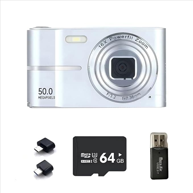 Digital Camera,4K 50MP Point and Shoot Camera for Teens with 16X Zoom Anti Shake,64GB TF Card,1 Battery,2 Types of adapters, a Card Reader, and a Lanyard. Compact Small for Boys Girls （Pink） (Silver) thumbnail 2