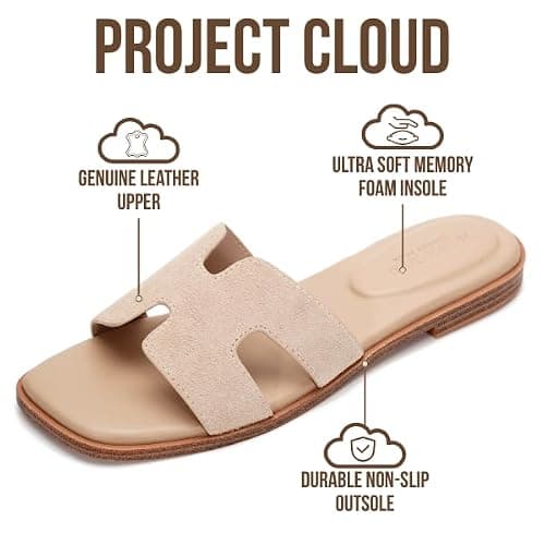 Project Cloud 100% Genuine Leather Sandals for Women 2026 - Fashion Flat Womens Sandals with Memory Foam Insole Slides Sandals Women Footwear - Mules Women's Sandals (Jannel) thumbnail 2