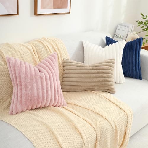 decorUhome Faux Fur Throw Pillow Covers 18x18 Set of 2, Decorative Soft Plush Striped Couch Pillow Covers with Velvet Back for Sofa, Bed, Living Room, Pink - 18 x 18-Inch (Pack of 2) - Pink thumbnail 6