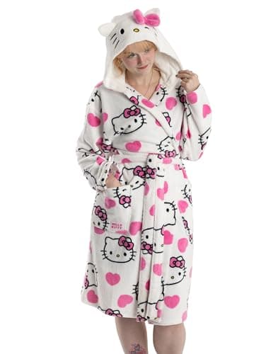 Hello Kitty Womens White Hooded Bathrobe | Cosy Fleece Loungewear with Pink Accents & Long Sleeves | Cartoon Character Design | Perfect for Relaxing Days Merch - L-XL - Image 1
