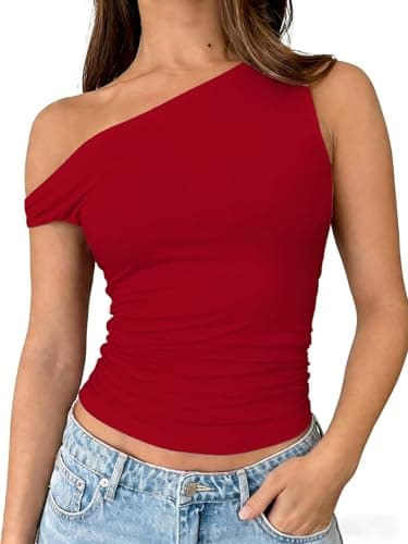 TiulZial Women Off Shoulder Going Out Tank Top Slim Fitted Shirts Double Lined Summer Outfits Y2k Cute Summer Top(Red,L) - Image 1