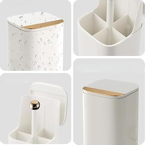Hympuae Portable One-Touch Makeup Brush Holder Organizer With Lid, 4-Compartment Open Design, Waterproof & Dustproof Cosmetic Storage Box for Vanity Bathroom Countertop (White/Black Gold) (White) - White thumbnail 6