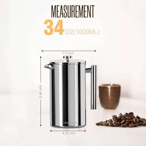 Utopia Kitchen 304 Grade Stainless Steel French Press Coffee Maker 34 Oz, Double Wall Insulated Coffee Press with 4-Level Filtration System, Include 2 Extra Filters, Rust-Free, Dishwasher Safe, Silver thumbnail 2