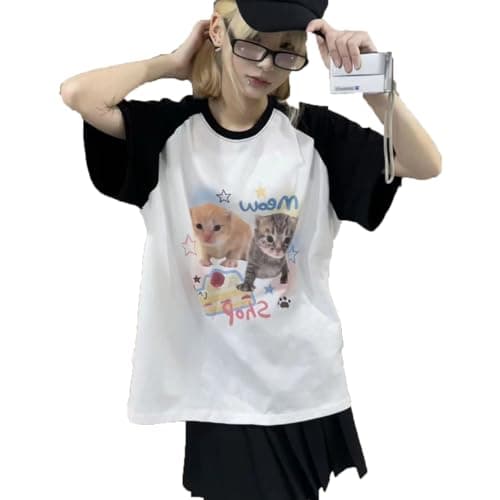 Women's Kawaii Cat Print T-Shirts Cartoon Letter Japan Style Kitten Short Sleeve Cute Print Tops Sweet Girl Y2k Tee Tops - Image 1