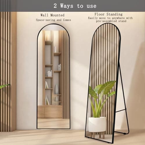 CUCZUUS 57x20in(144x50cm) Aluminium Alloy Arched Floor Mirror with Stand Tempered Shatterproof Glass Multi-Mount Design Wall Mount/Stand/Lean for Bedroom,Hallway,Cloakroom(Gold) thumbnail 5