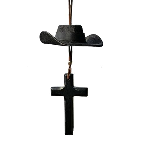Cowboy Hat Cross Car Charm,Retro Western Country Rearview Mirror Hanging Mini Cute Car Interior Decoration for Men Women (Black) - Image 1
