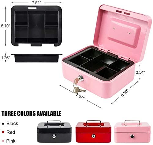 xydled Locking Steel Medium Cash Box with Removable Coin Tray and Key Lock,7.87"x 6.30"x 3.54",Pink thumbnail 3