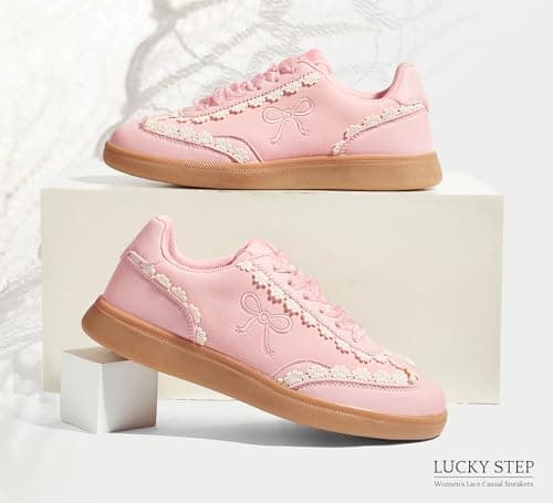 LUCKY STEP Women’s Lace Detail Casual Sneakers Organza Ribbon Lace-Up Fashion Vintage Gum Sole Trendy Cute Shoes(Pink,8) thumbnail 8